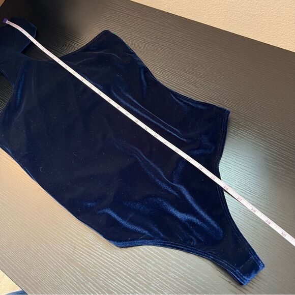 ✨ Alix Nyc Midnight Blue Velvet Asymmetric Mockneck Thong Carmine Bodysuit Small - Picture 13 of 13